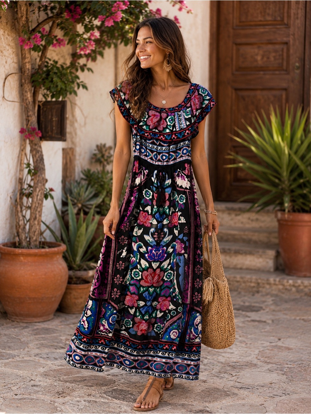 Flying Tomato Bohemian Floral Off-Shoulder Maxi Dress